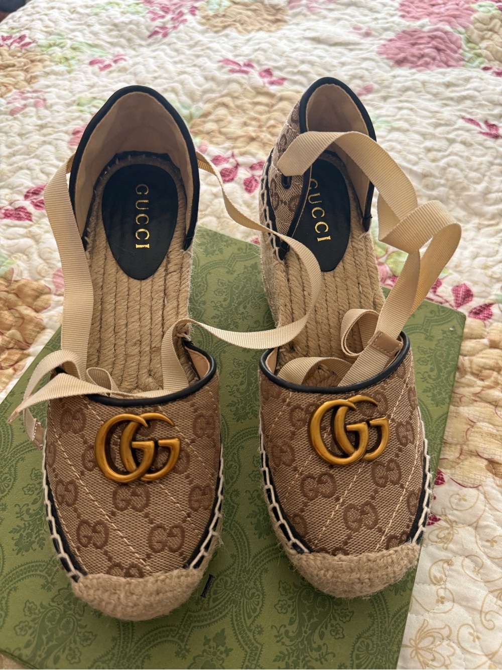 Gucci Brown GG Canvas Espadrille Flats with Gold Double G and Cream Ribbon Ties